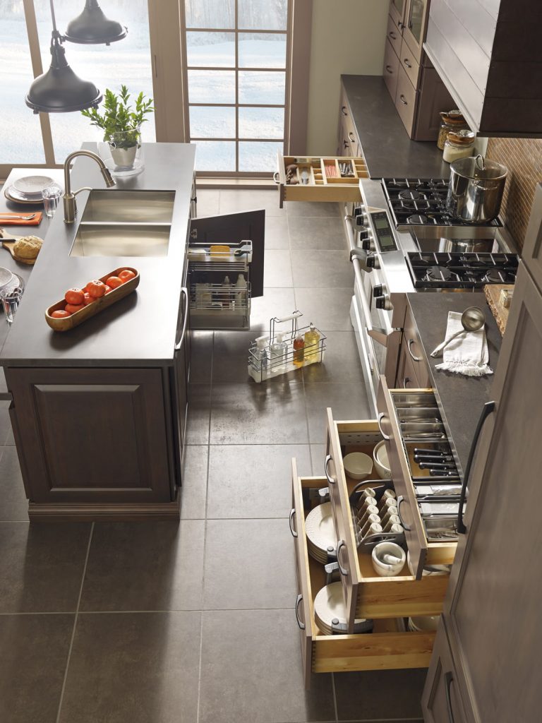 black stone kitchen with cabinets